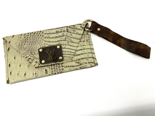 Embossed Cream Croc with Brown Highlights- Petite Snap Wristlet - Patches Of Upcycling