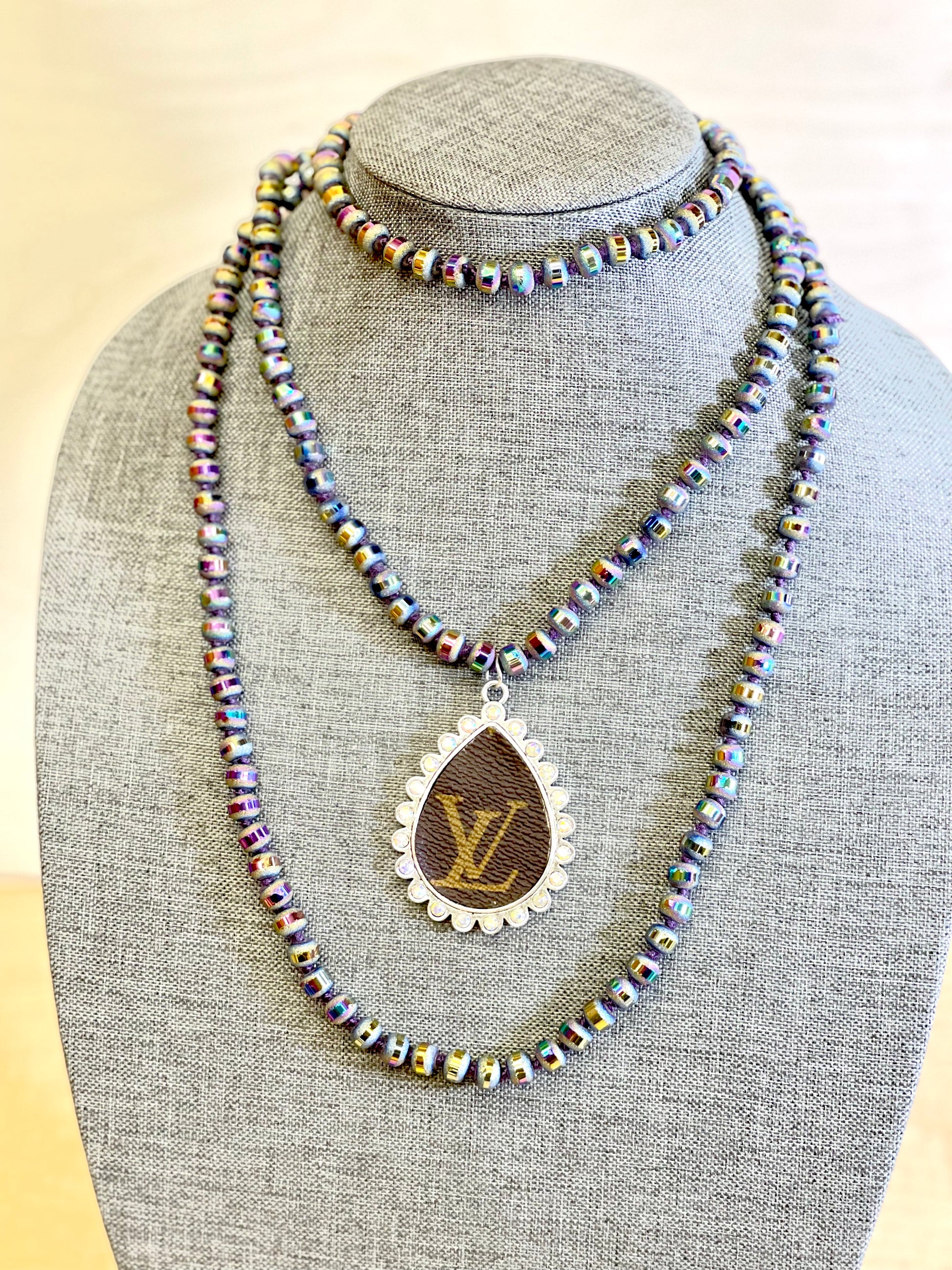 Iridescent rainbow necklace with large teardrop pendant - Patches Of Upcycling