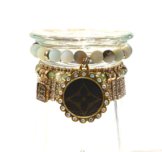 Stone Agate and Cross- Stacked bracelet circle Gold clear - Patches Of Upcycling