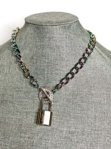 Lock & Chain necklace in rainbow, silver toggle AB Rhinestone - Patches Of Upcycling