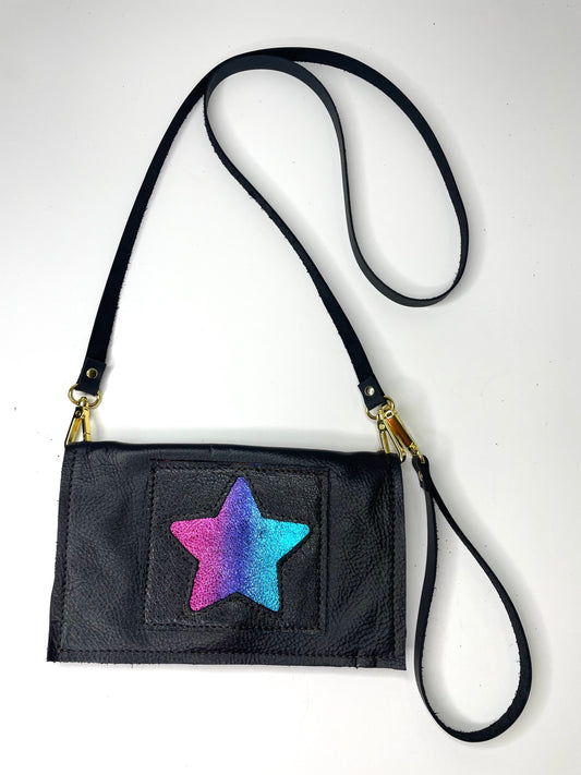 Small Crossbody black with black patch and rainbow star - Patches Of Upcycling