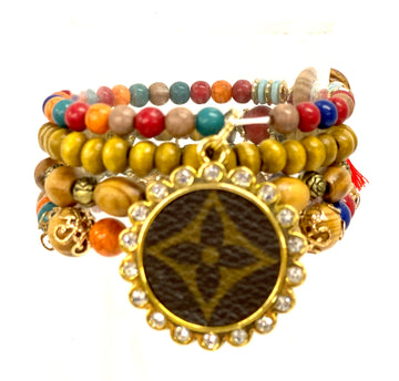 Multi colored wooden beads Stacked Bracelet set- gold circle - Patches Of Upcycling