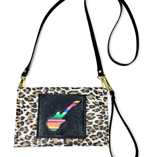 Small Crossbody leopard with black patch and serape guitar - Patches Of Upcycling