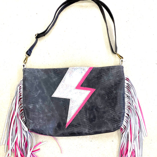 Leather Tote in lightening bolt with double the fringe (extra layer) -pink and silver - Patches Of Upcycling