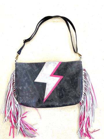 Leather Tote in lightening bolt with double the fringe (extra layer) -pink and silver - Patches Of Upcycling