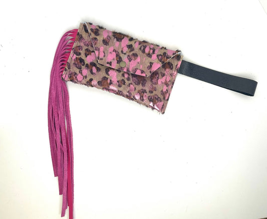 Petite Snap Wristlet with fringe in leopard & pink acid wash ( no patch) - Patches Of Upcycling