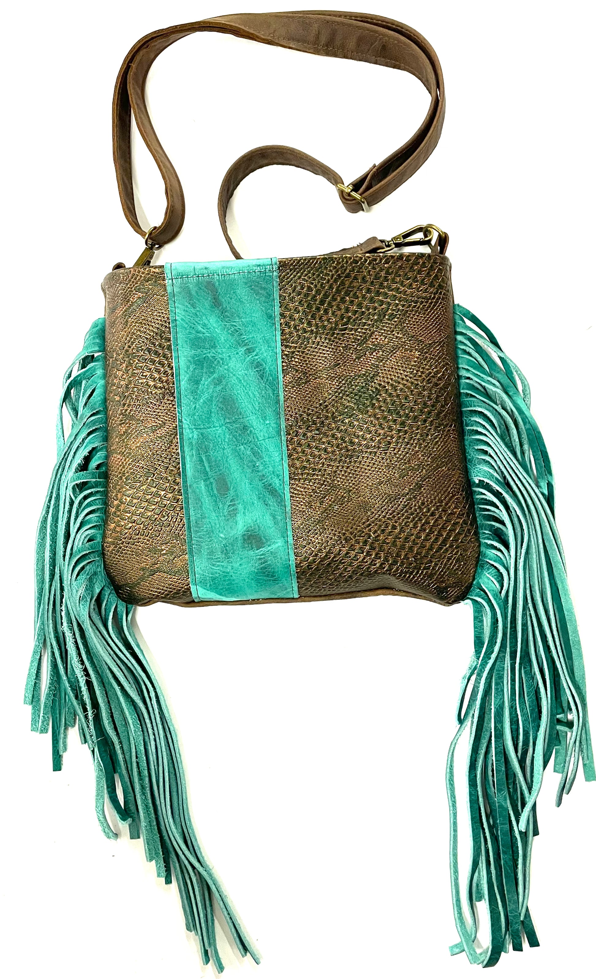 Medium Crossbody in copper Croc with turquoise strip - Patches Of Upcycling