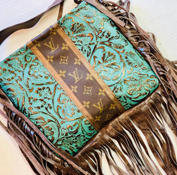 Medium Crossbody - Embossed Turquoise Shimmer, Shimmer Brown Strip - Patches Of Upcycling