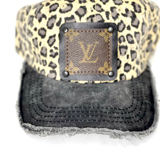 P4 - Cream Leopard hat with Distressed Black bill Black/Black - Patches Of Upcycling