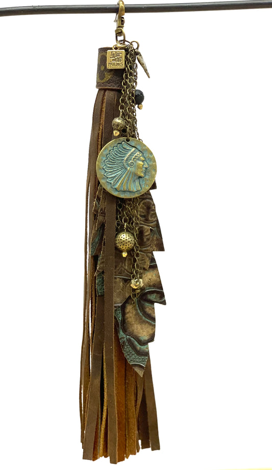 Long purse tassel -brown and turquoise embossed feathers, tarnished Indian Chief round pendant - Patches Of Upcycling