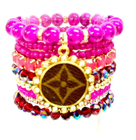 Pink Rave Stacked Bracelet set- Gold Clear - Patches Of Upcycling