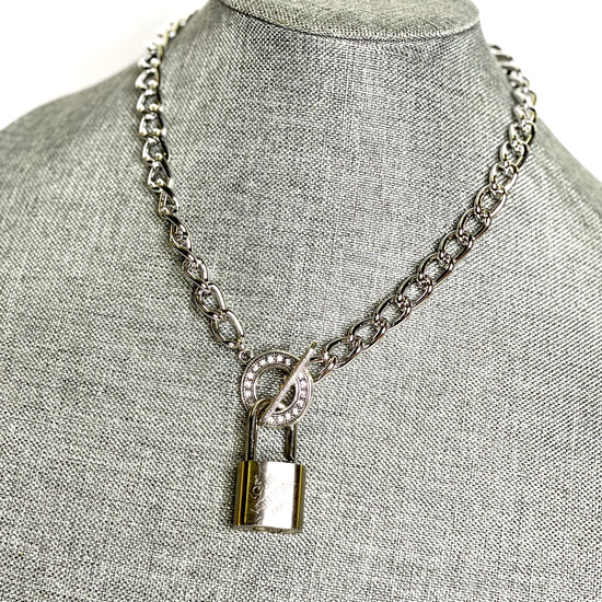 Silver Lock & Chain necklace in silver toggle Clear Rhinestone - Patches Of Upcycling