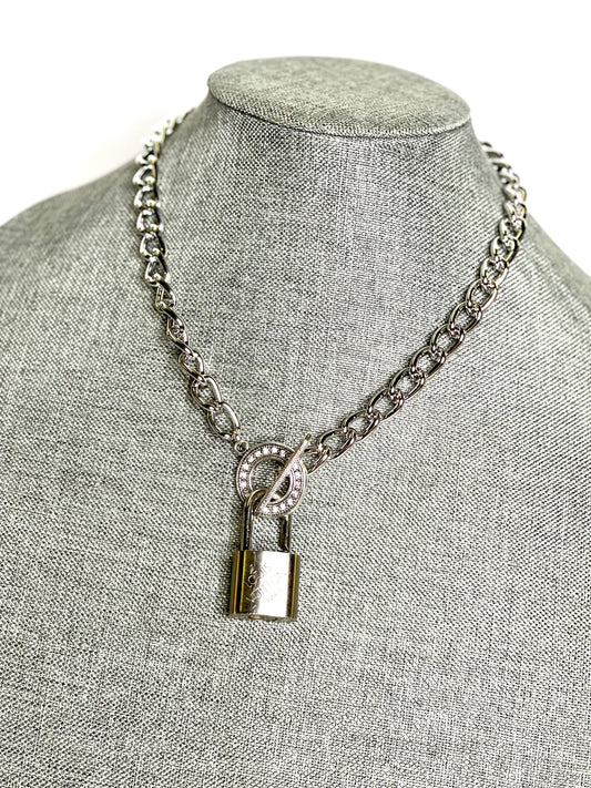 Silver Lock & Chain necklace in silver toggle Clear Rhinestone - Patches Of Upcycling