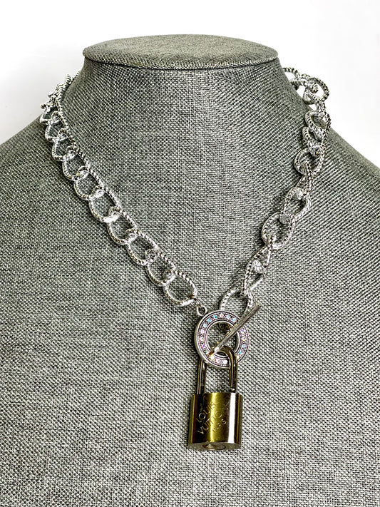 Silver textured Lock & Chain necklace in silver toggle AB Rhinestone - Patches Of Upcycling