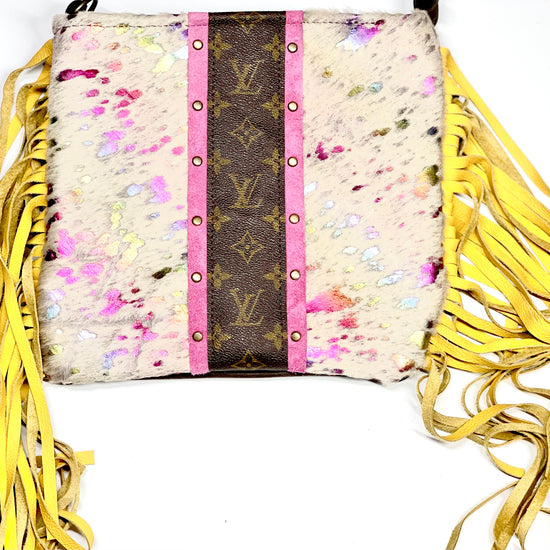 Medium Crossbody - Rainbow Brite, Pink Suede Strip Antique Hardware - Patches Of Upcycling