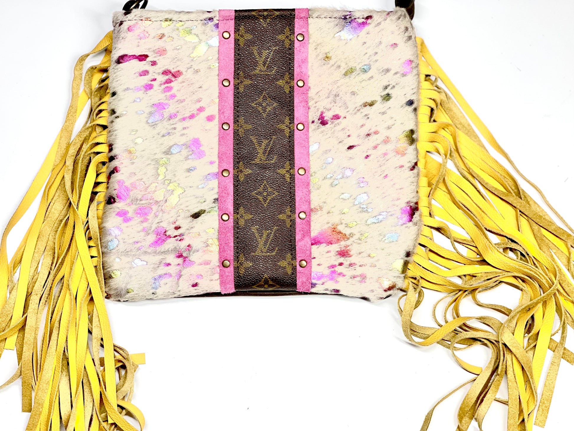 Medium Crossbody - Rainbow Brite, Pink Suede Strip Antique Hardware - Patches Of Upcycling