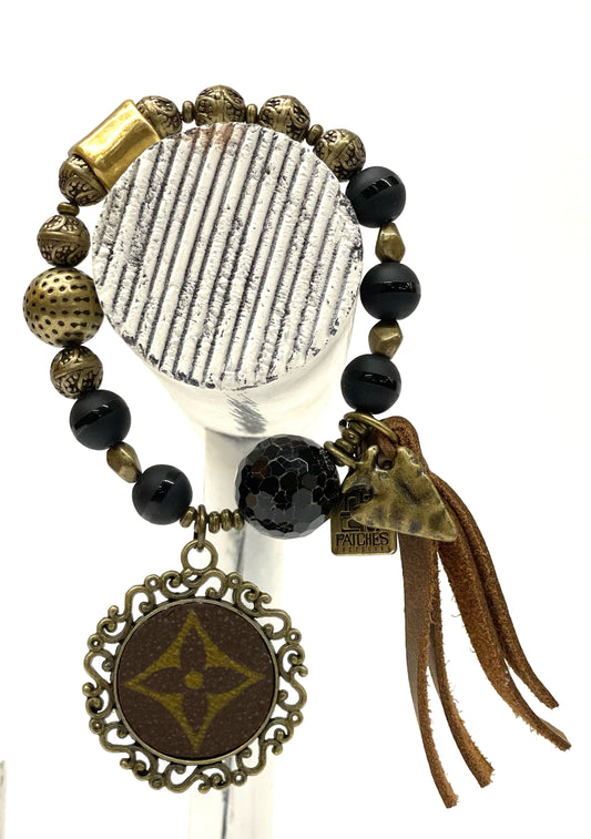 Stone- Black & antique hand beaded bracelet with round pendant - Patches Of Upcycling