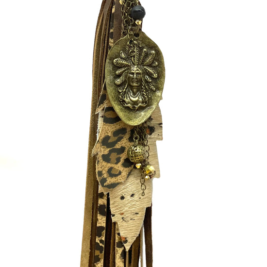 Long purse tassel -leopard and speckled feathers, antique Indian Chief spoon - Patches Of Upcycling