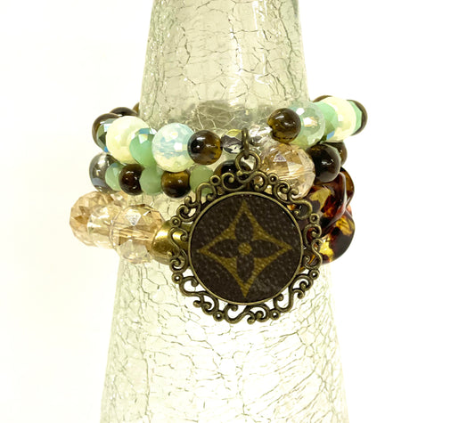 Hand beaded bracelet set “sea glass” with antique scroll pendant - Patches Of Upcycling