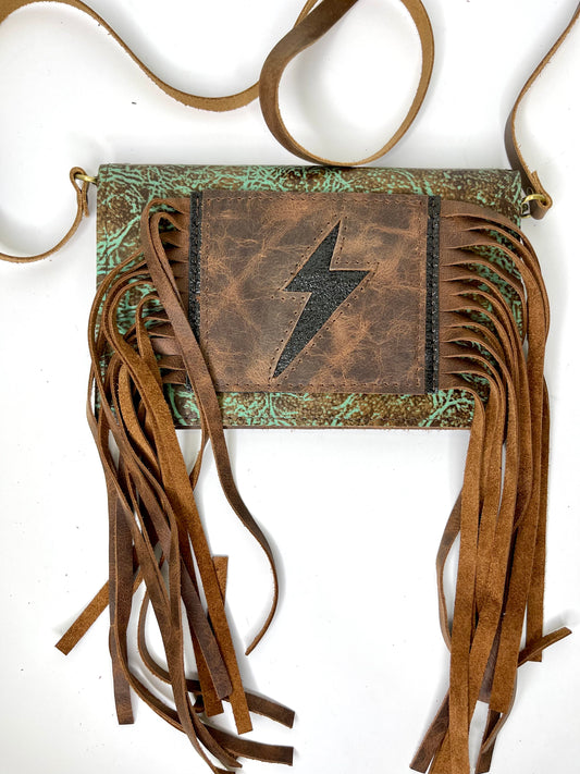 Small Crossbody lightening turquoise acid and brown - Patches Of Upcycling