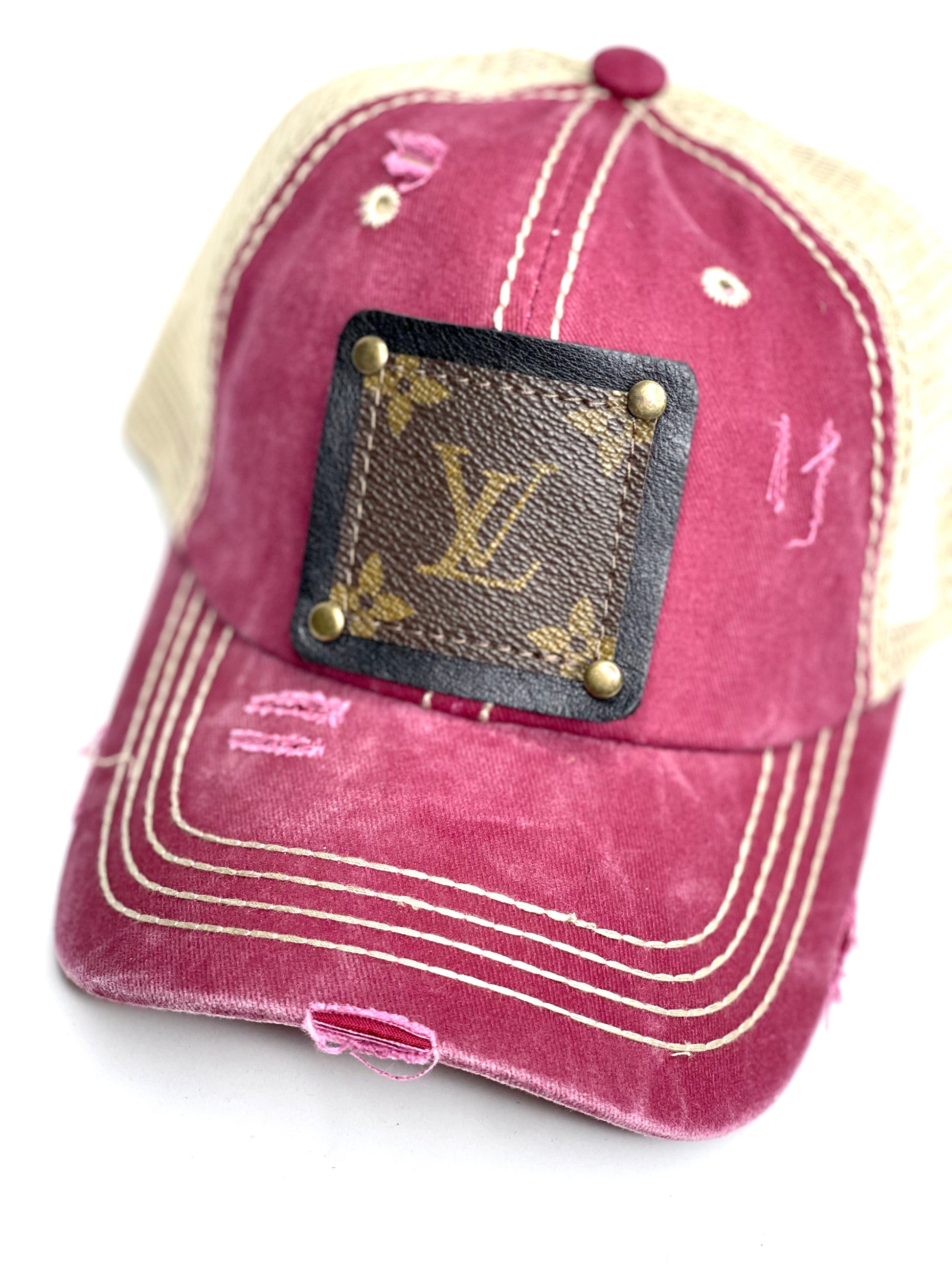 PP15 - Maroon Distressed Crisscross Pony Hat with Cream Back Brown/Antique - Patches Of Upcycling