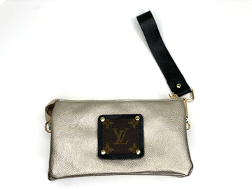Jill in rustic gold (black patch) with leather strap - Patches Of Upcycling