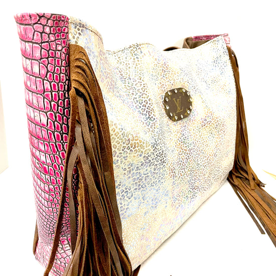 Leather Tote in Iridescent leopard with Pink Crocodile sides, Rhinestones - Patches Of Upcycling