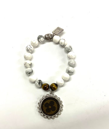 Hand beaded white marble bead (with brown cat’s eye) stretchy bracelet with silver 25mm pendant - Patches Of Upcycling