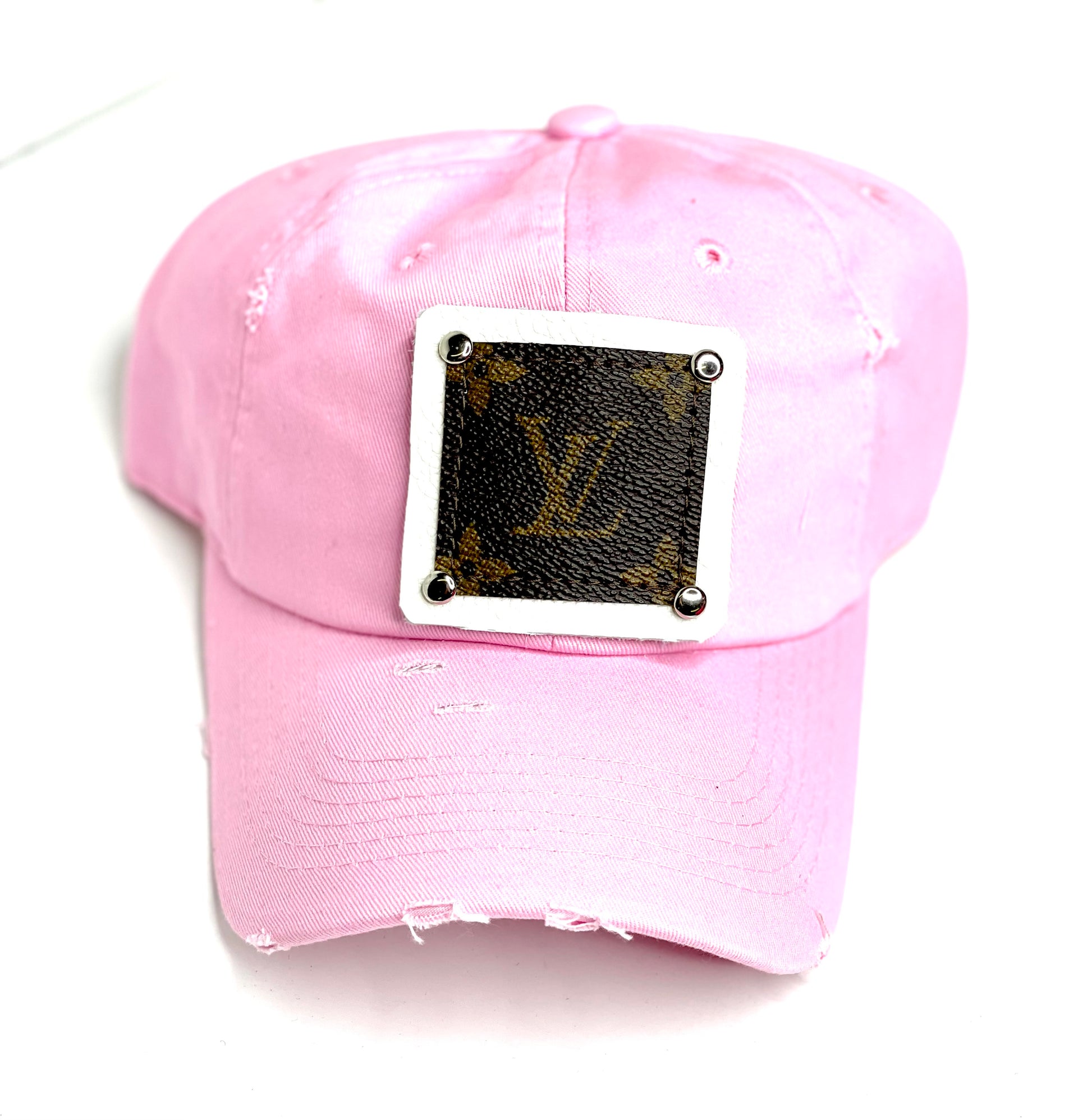 GG7 - Light Pink Distressed Dad Hat White/Silver - Patches Of Upcycling