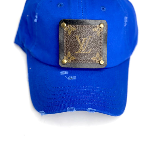 GG2 - Bright Blue Distressed Dad Hat Black/Antique - Patches Of Upcycling
