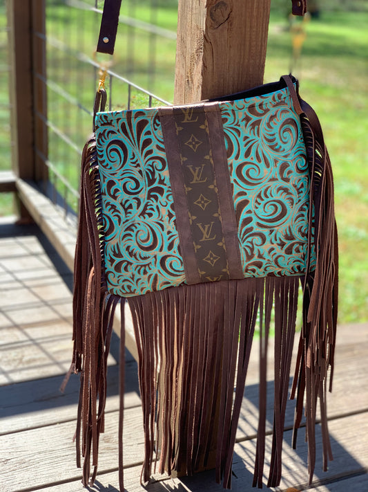 Medium Crossbody - Embossed Ariel Swirl, Brown Strip - Patches Of Upcycling