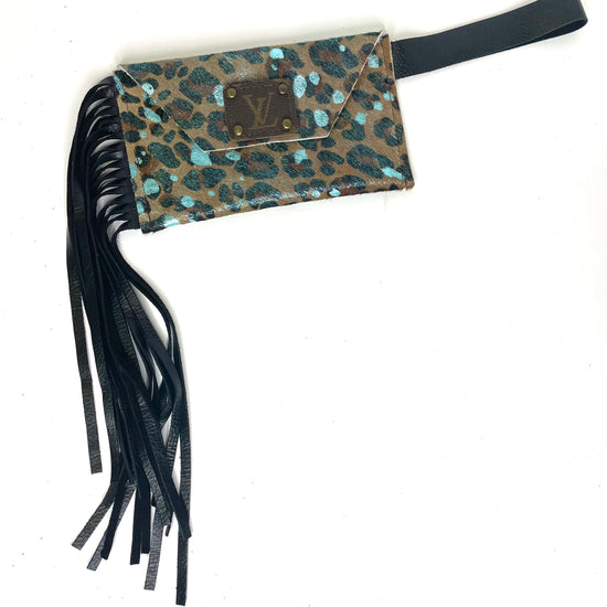 Petite Snap Wristlet with fringe in leopard with blue acid wash - Patches Of Upcycling