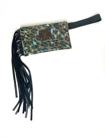 Petite Snap Wristlet with fringe in leopard with blue acid wash - Patches Of Upcycling
