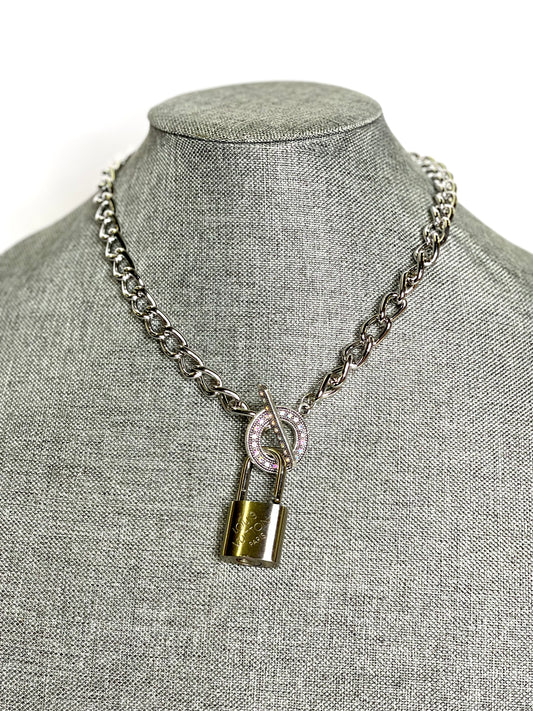 Silver Lock & Chain necklace in silver toggle AB Rhinestone - Patches Of Upcycling