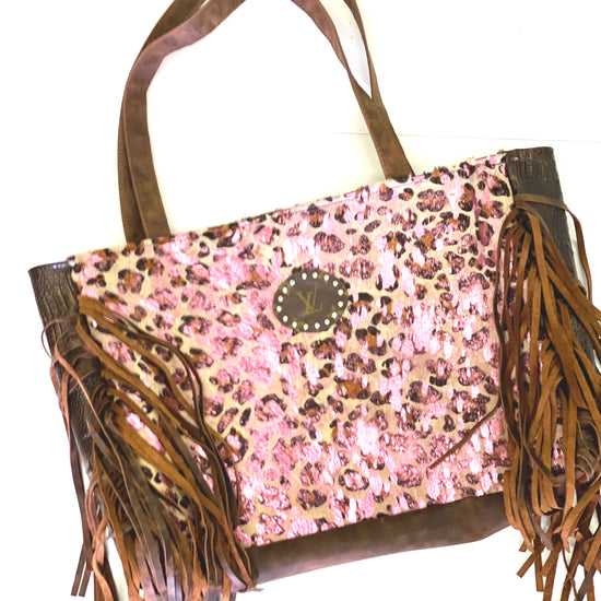 Leather Tote in Brown Crocodile and Acid Pink Leopard, Brown Patch - Patches Of Upcycling