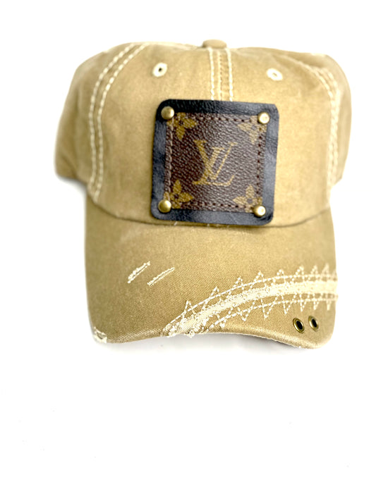 W8 - Faded khaki Baseball with a Off white Zig Zag Stitching White/ Antique - Patches Of Upcycling