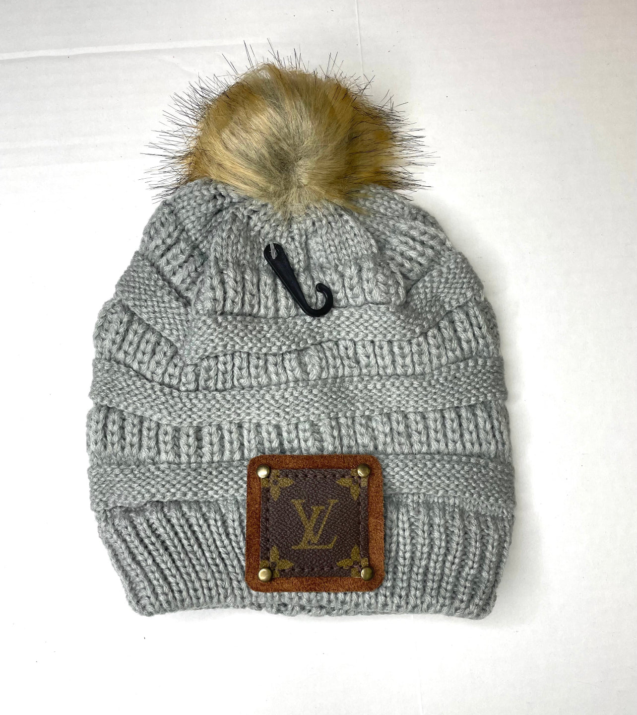 Beanie with LV patch and antique hardware - Patches Of Upcycling Grey Hats Patches Of Upcycling