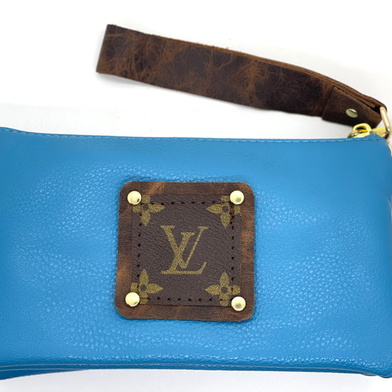Jill in aqua blue (brown patch) with leather strap - Patches Of Upcycling