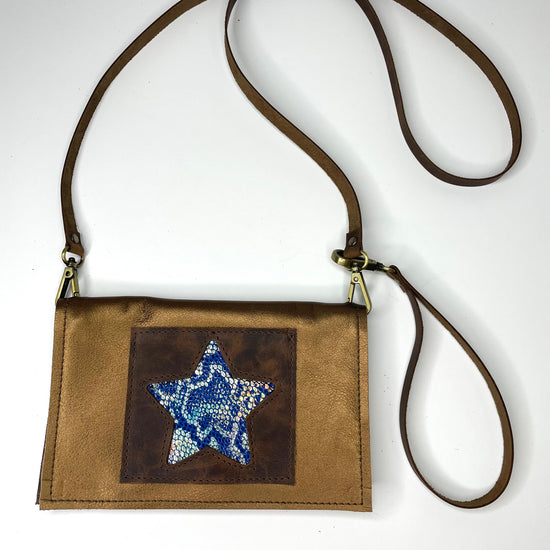 Small crossbody smooth gold with brown patch and blue snakeskin star - Patches Of Upcycling