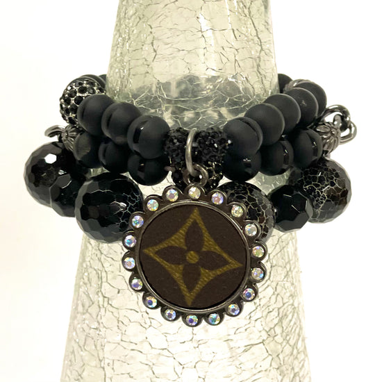 Hand beaded bracelet set black beads with black pendant - Patches Of Upcycling