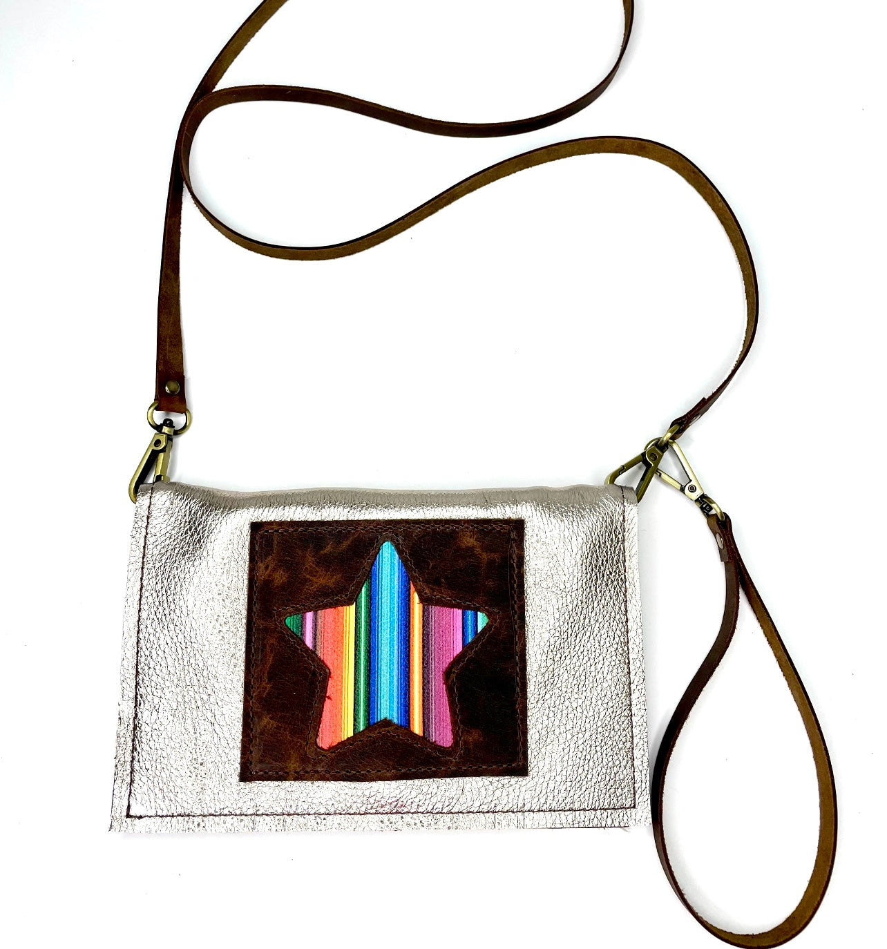 Small Crossbody rustic gold/silver with brown patch and serape star - Patches Of Upcycling