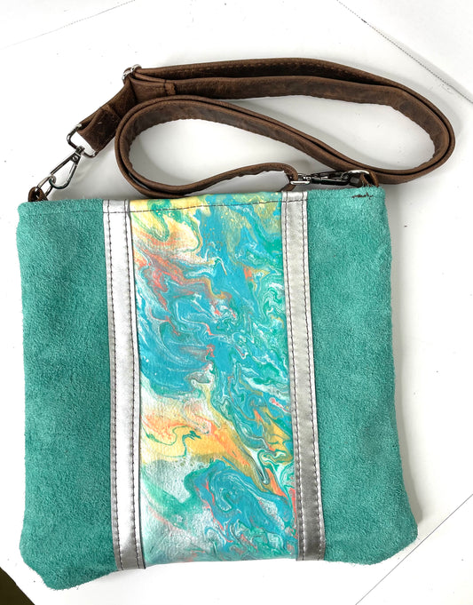 Kaleidoscope Medium Crossbody turquoise, green and silver - Patches Of Upcycling