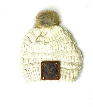 Beanie with LV patch and antique hardware in cream - Patches Of Upcycling