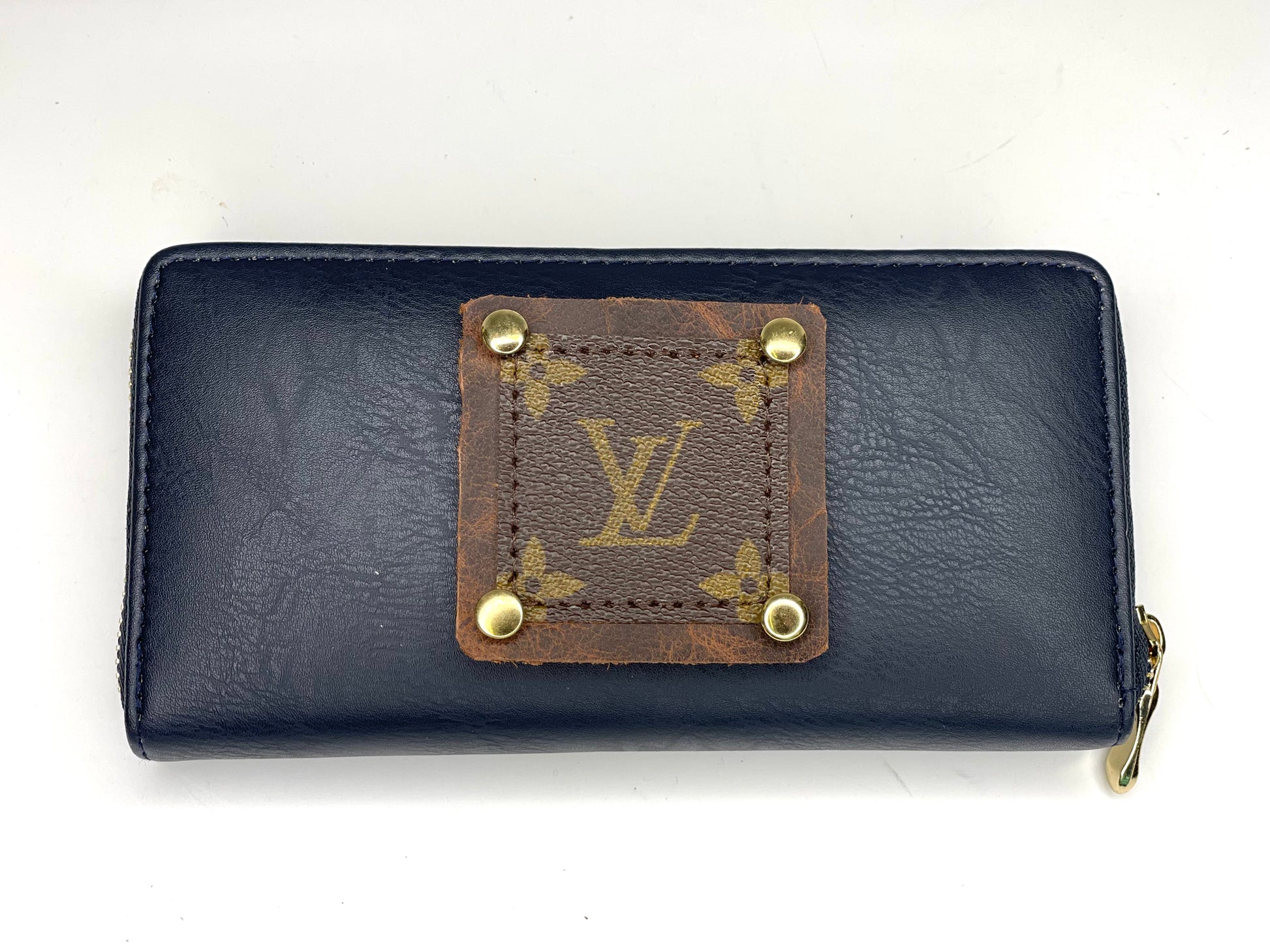 Single Wallet in Navy Blue (brown patch, gold hardware) - Patches Of Upcycling