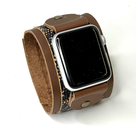 iwatch band with snaps brown leather with snakeskin accents (large) - Patches Of Upcycling