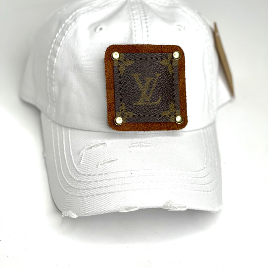 GG5 - White Distressed Ponytail Dad Hat Brown/Gold - Patches Of Upcycling