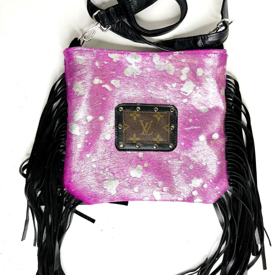 Medium Crossbody, pink acid silver in black patch hardware- rhinestone - Patches Of Upcycling