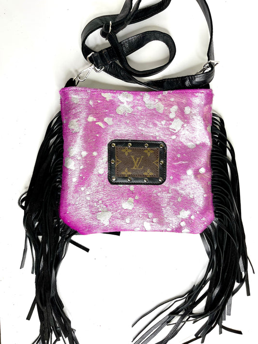 Medium Crossbody, pink acid silver in black patch hardware- rhinestone - Patches Of Upcycling