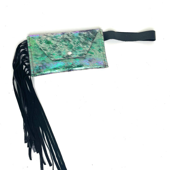 Petite Snap Wristlet with fringe in iridescent acid wash ( no patch) - Patches Of Upcycling