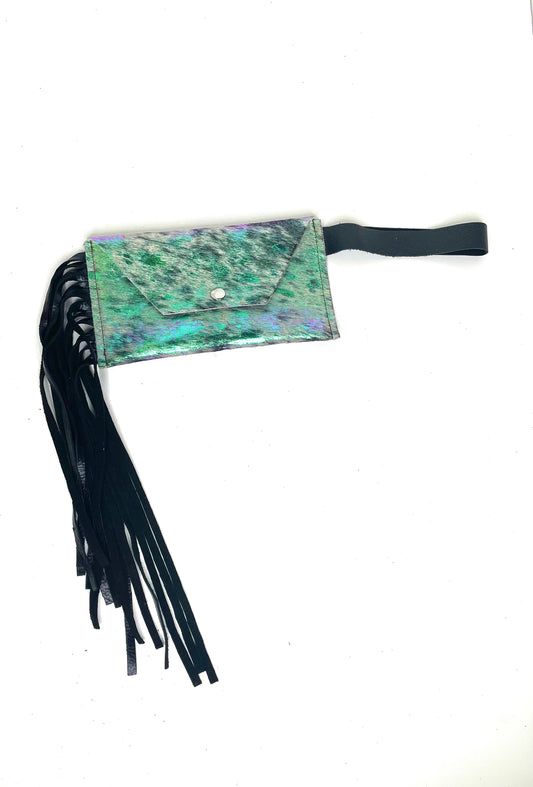 Petite Snap Wristlet with fringe in iridescent acid wash ( no patch) - Patches Of Upcycling